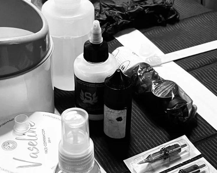 Sterile single-use needle cartridges and antiseptic prep before a session at Rebel Tattoos Gurgaon