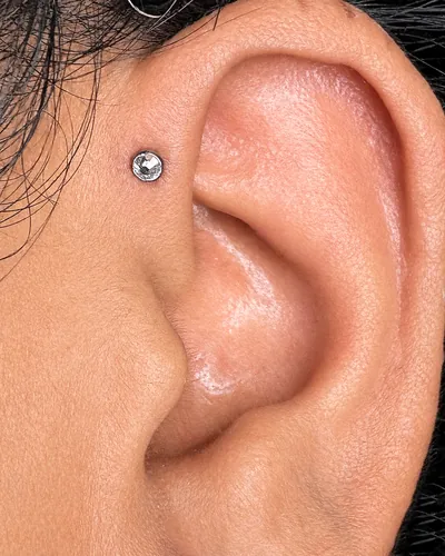 Forward helix piercing, crystal stud at Rebel Tattoos, Sector 67 Gurgaon