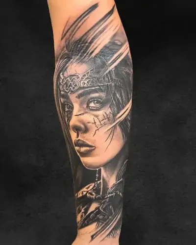 Warrior Princess, realism tattoo on the inner forearm, black and grey, at Rebel Tattoos, Sector 67 Gurgaon