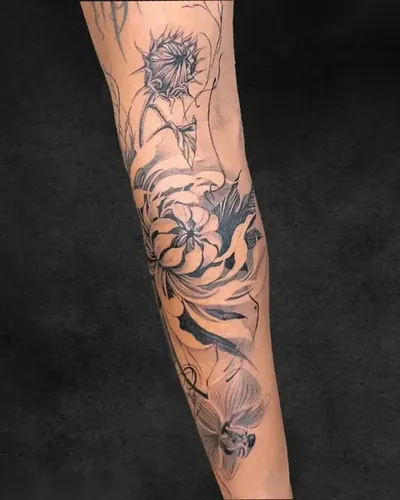 Chrysanthemum, botanical tattoo on the forearm, fine line, at Rebel Tattoos, Sector 67 Gurgaon