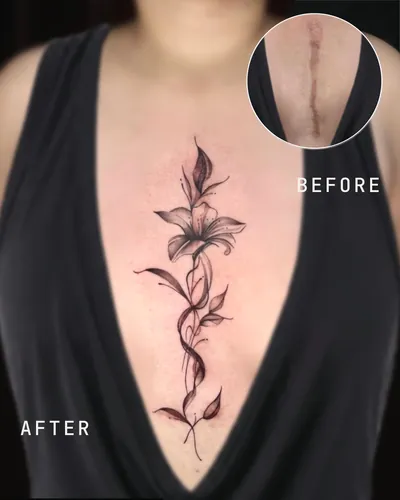 Botanical Stem, botanical scar cover-up tattoo on the sternum, black and grey, at Rebel Tattoos, Sector 67 Gurgaon