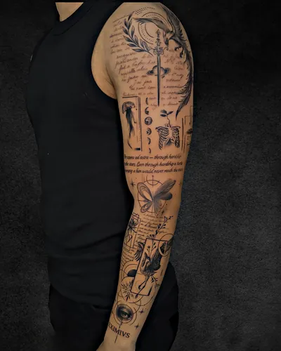 Concept Sleeve, concept tattoo on the full sleeve, fine line, at Rebel Tattoos, Sector 67 Gurgaon