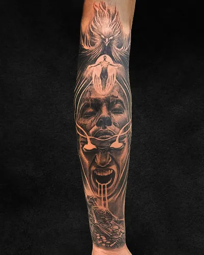 Phoenix, realism tattoo on the inner sleeve, black and grey, at Rebel Tattoos, Sector 67 Gurgaon