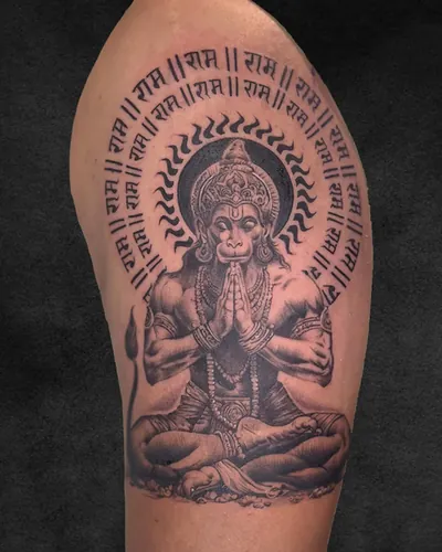 Lord Hanuman, devotional realism tattoo on the upper arm, black and grey, at Rebel Tattoos, Sector 67 Gurgaon