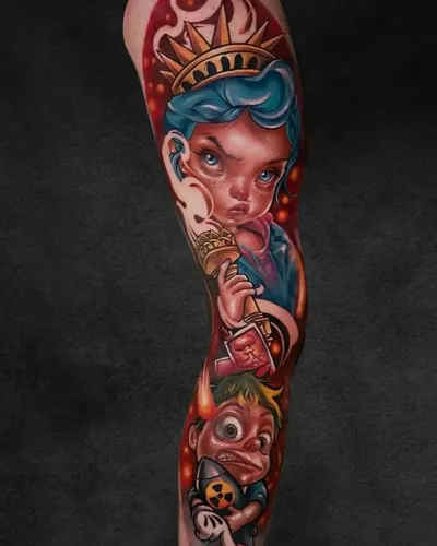 Liberty, colour realism tattoo on the outer leg, colour, at Rebel Tattoos, Sector 67 Gurgaon