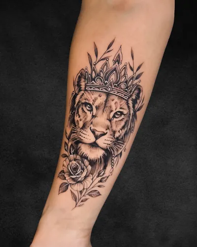 Lioness Queen, realism tattoo on the forearm, black and grey, at Rebel Tattoos, Sector 67 Gurgaon