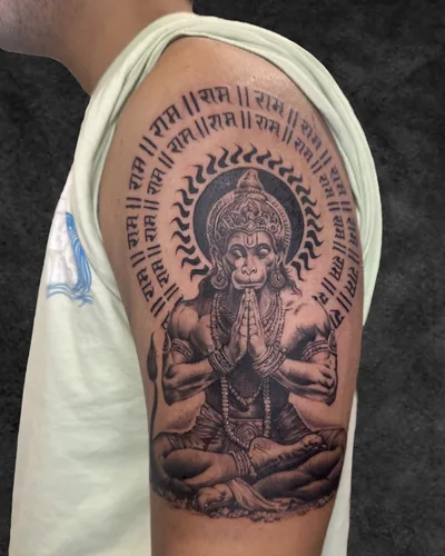 Lord Hanuman, devotional realism tattoo on the upper arm, black and grey, at Rebel Tattoos, Sector 67 Gurgaon
