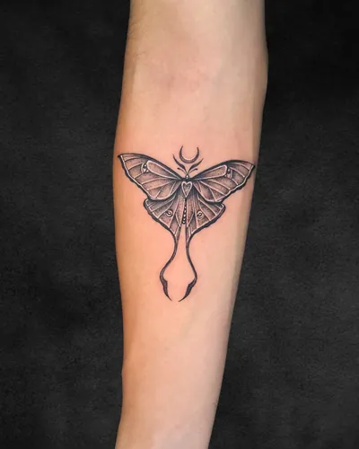 Moth, fine line tattoo on the forearm, black and grey, at Rebel Tattoos, Sector 67 Gurgaon
