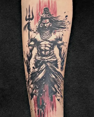 Lord Shiva, realism tattoo on the forearm, black, grey and red, at Rebel Tattoos, Sector 67 Gurgaon