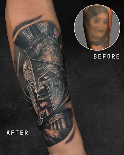 Spartan Warrior, cover-up realism tattoo on the forearm, black and grey, at Rebel Tattoos, Sector 67 Gurgaon