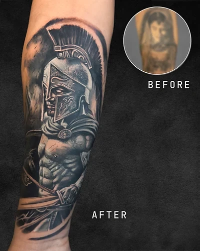 Spartan Warrior, cover-up realism tattoo on the forearm, black and grey, over an old portrait tattoo, at Rebel Tattoos, Sector 67 Gurgaon