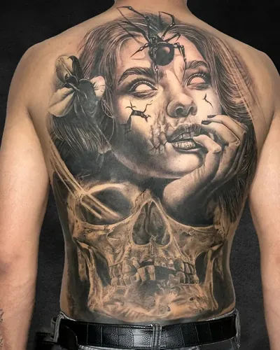 Spider and Skull, realism tattoo on the full back, black and grey, at Rebel Tattoos, Sector 67 Gurgaon