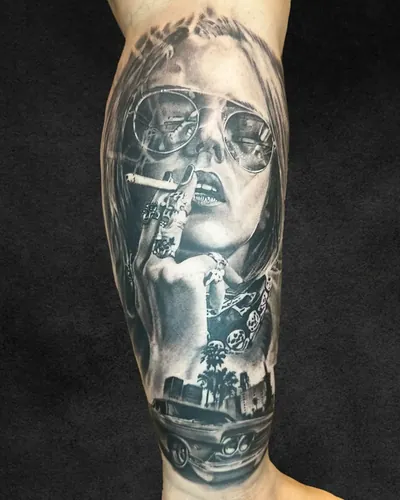 Sunglasses and Smoke, chicano tattoo on the calf, black and grey, at Rebel Tattoos, Sector 67 Gurgaon