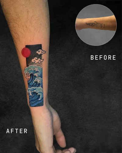 Wave and Sun, cover-up japanese tattoo on the forearm, colour, at Rebel Tattoos, Sector 67 Gurgaon