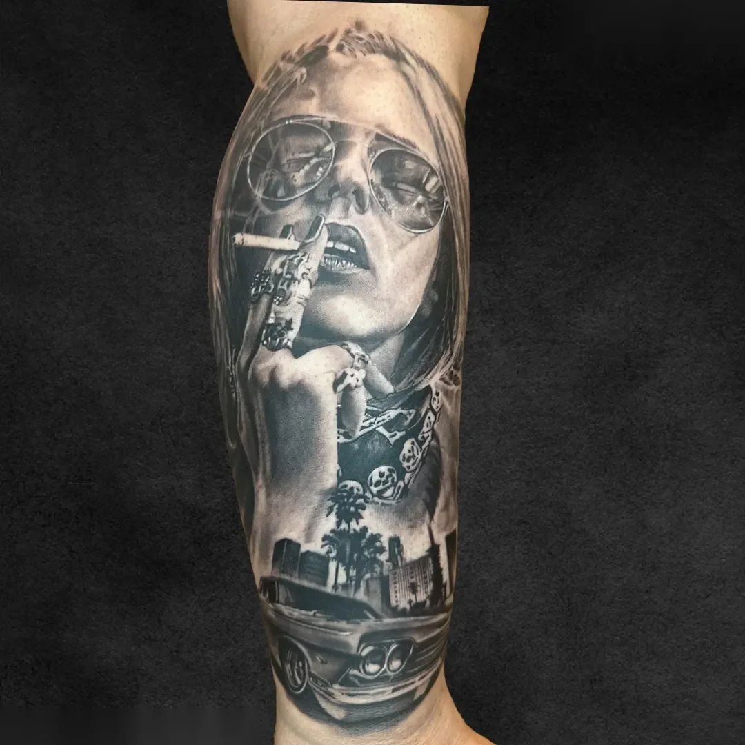 Chicano style sunglasses and smoke black and grey sleeve at Rebel Tattoos Gurgaon