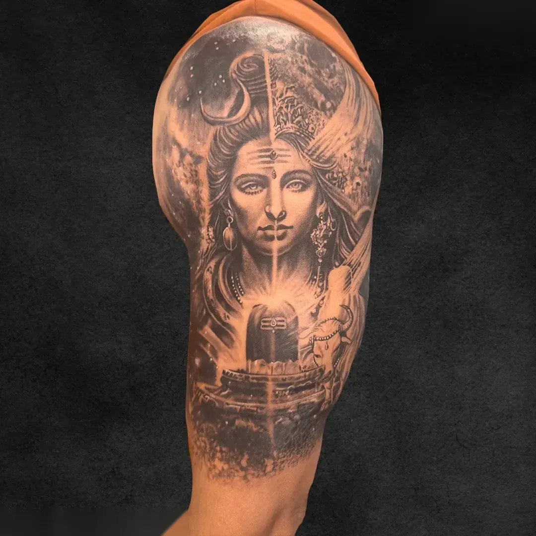 Shiva Shakti devotional half sleeve tattoo, Mahadev and Parvati at Rebel Tattoos Gurgaon