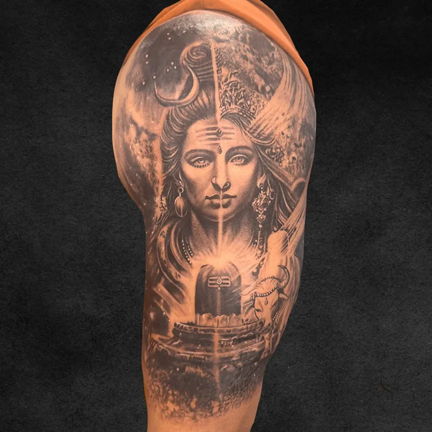 Shiva Shakti devotional half sleeve tattoo, Mahadev and Parvati at Rebel Tattoos Gurgaon