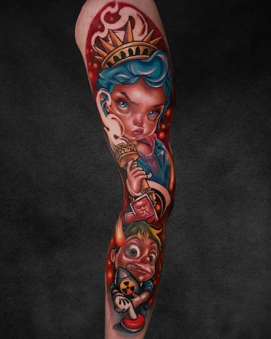 Statue of Liberty colour realism sleeve tattoo, Inkbuddies 2025 award winner at Rebel Tattoos Gurgaon