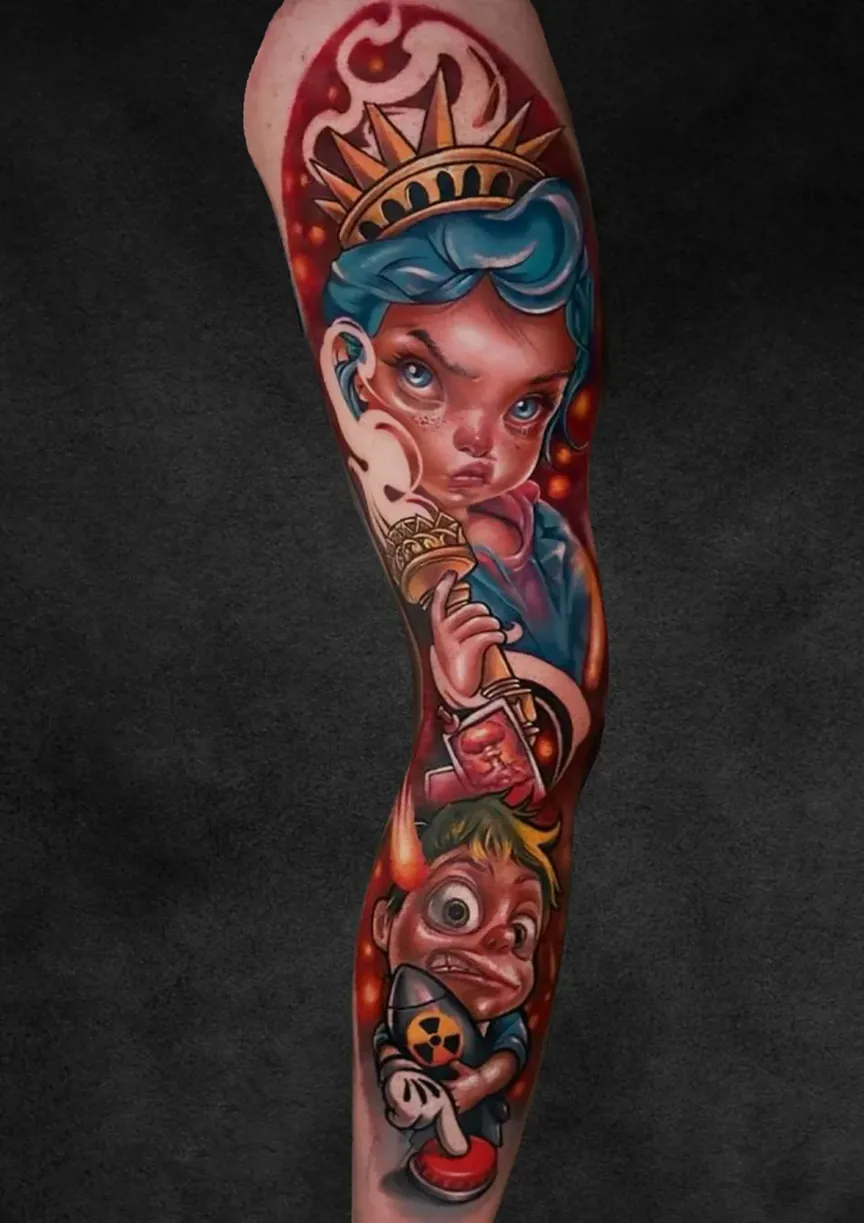 Statue of Liberty colour realism sleeve tattoo, Inkbuddies 2025 award winner at Rebel Tattoos Gurgaon
