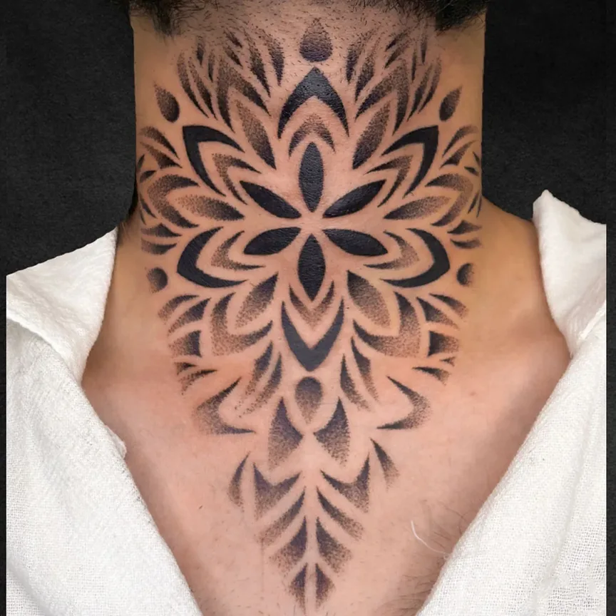 Mandala dotwork neck tattoo, ornamental black and grey throat piece at Rebel Tattoos Gurgaon